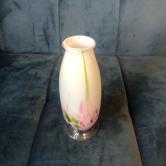 Small Murano Inspired Glass Handblown Vase Tulip Shaped White w/ Multicolor - Picture 2 of 11
